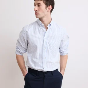 Chemise Homme en Oxford de Coton Rayé Bleu Ciel & Blanc Pitt