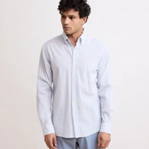 Chemise Homme en Seersucker Rayé Bleu & Blanc Pitt