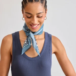 Bandana Femme en Voile de Coton Bleu Denim Hibiscus