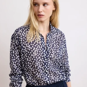 Chemise Femme en Voile de Coton Bleu Marine à Pois Charlot