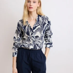 Chemise Femme en Crépon de coton Imprimé Palmiers Bleu Marine Cristal