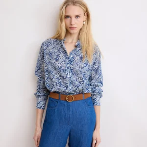 Chemise Femme en Voile de Coton Imprimé Anémones Bleu Cristal