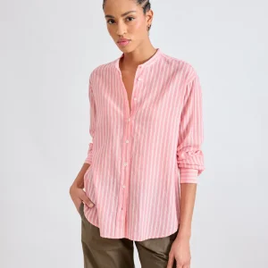 Chemise Femme en Voile de Coton Rayé Rose Cristal