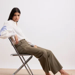 Pantalon Femme en Lyocell & Coton Vert Militaire Poli