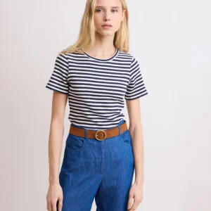 Tee Shirt Femme en Coton Côtelé Rayé Ecru & Bleu Marine Teofila