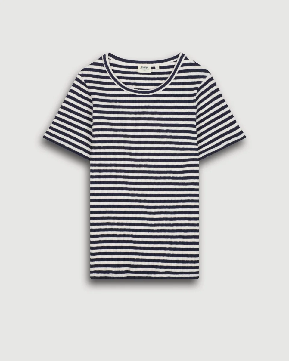 Tee Shirt Femme en Coton Côtelé Rayé Ecru & Bleu Marine Teofila – Image 3