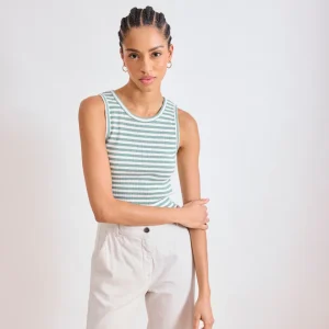 Débardeur Femme en Coton Côtelé Rayé Ecru & Vert Agave Tenest