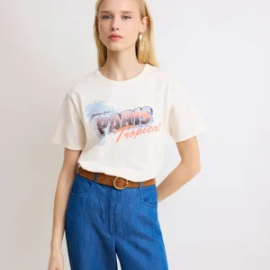 Tee Shirt Femme en Coton Imprimé Ecru Tropical