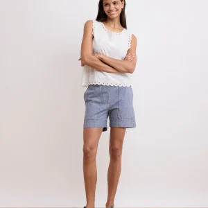 Short Femme en Twill de Coton Rayé Bleu & Blanc Sat