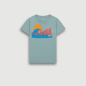Tee-Shirt Garçon en Coton Slub Imprimé "Surf Mania" Vert Celadon
