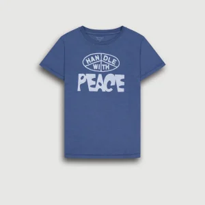 Tee-Shirt Garçon en Coton Slub Imprimé "Peace" Bleu Cobalt