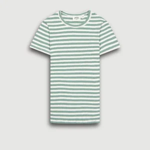 Tee Shirt Fille en Coton Côtelé rayé Ecru & Vert Agave Teofila