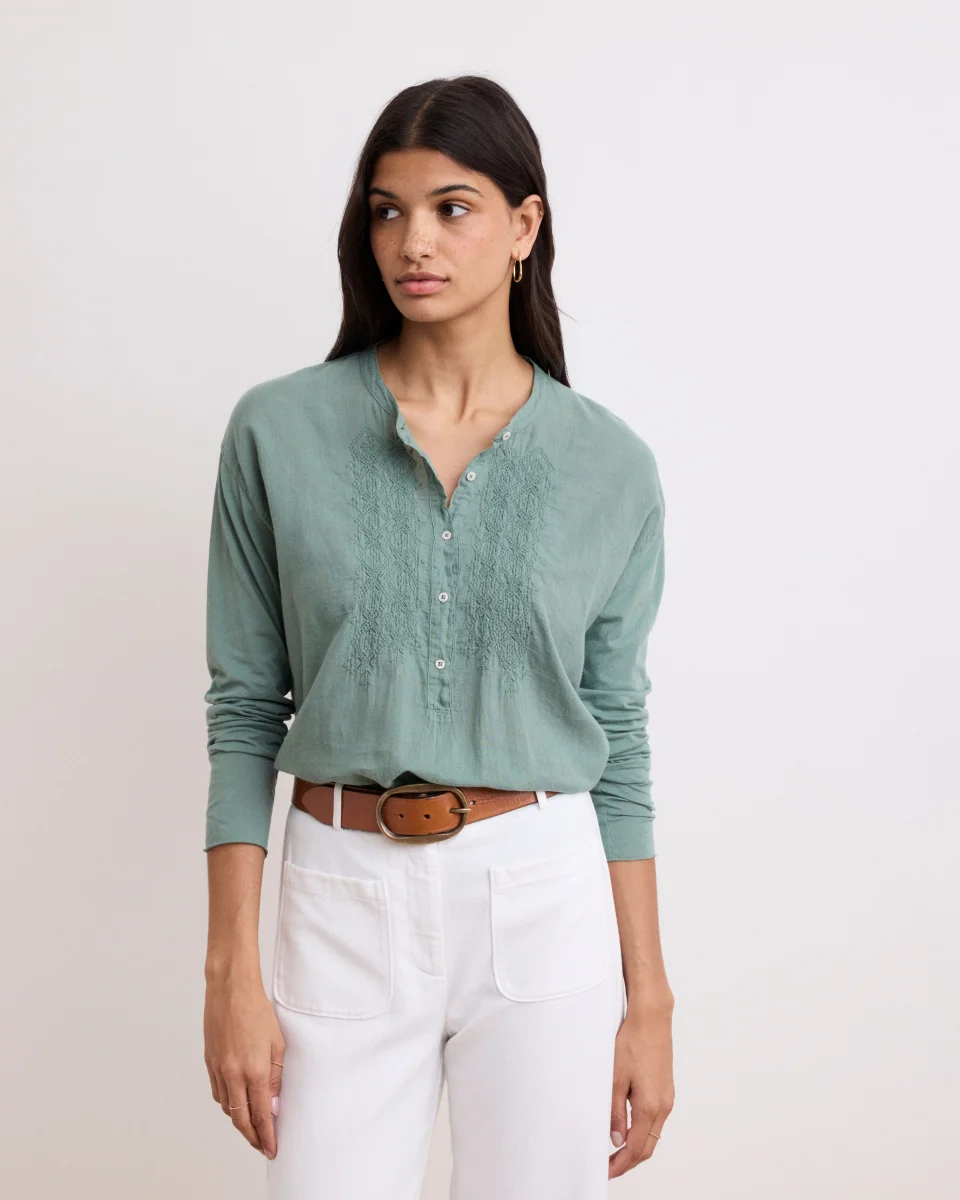 Top Femme en Coton Bi-Matière Vert Agave Turiafa