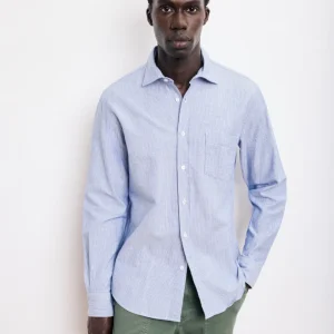 Chemise Homme en Gabardine de Coton Brossé Bleu Indigo Paul