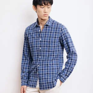 Chemise Homme en Coton Brossé à Carreaux Bleu Storm