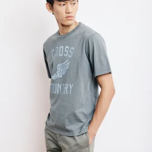 T-Shirt Homme en Coton Slub Imprimé Cross Country Vert de Gris