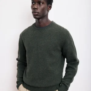 Pull Col Rond Homme en Laine Shetland Vert Militaire