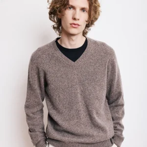 Pull Col V Homme en Laine Lambswool Brun