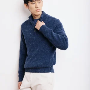 Pull Trucker Homme en Donegal de Laine & Alpaga Bleu Indigo