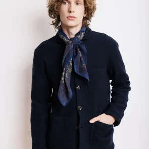 Echarpe Homme en Laine à Chevrons Imprimée Bleu Indigo