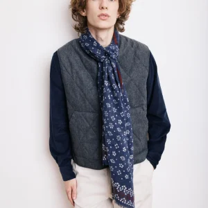 Echarpe Homme en Laine Imprimée Fleurs Indigo