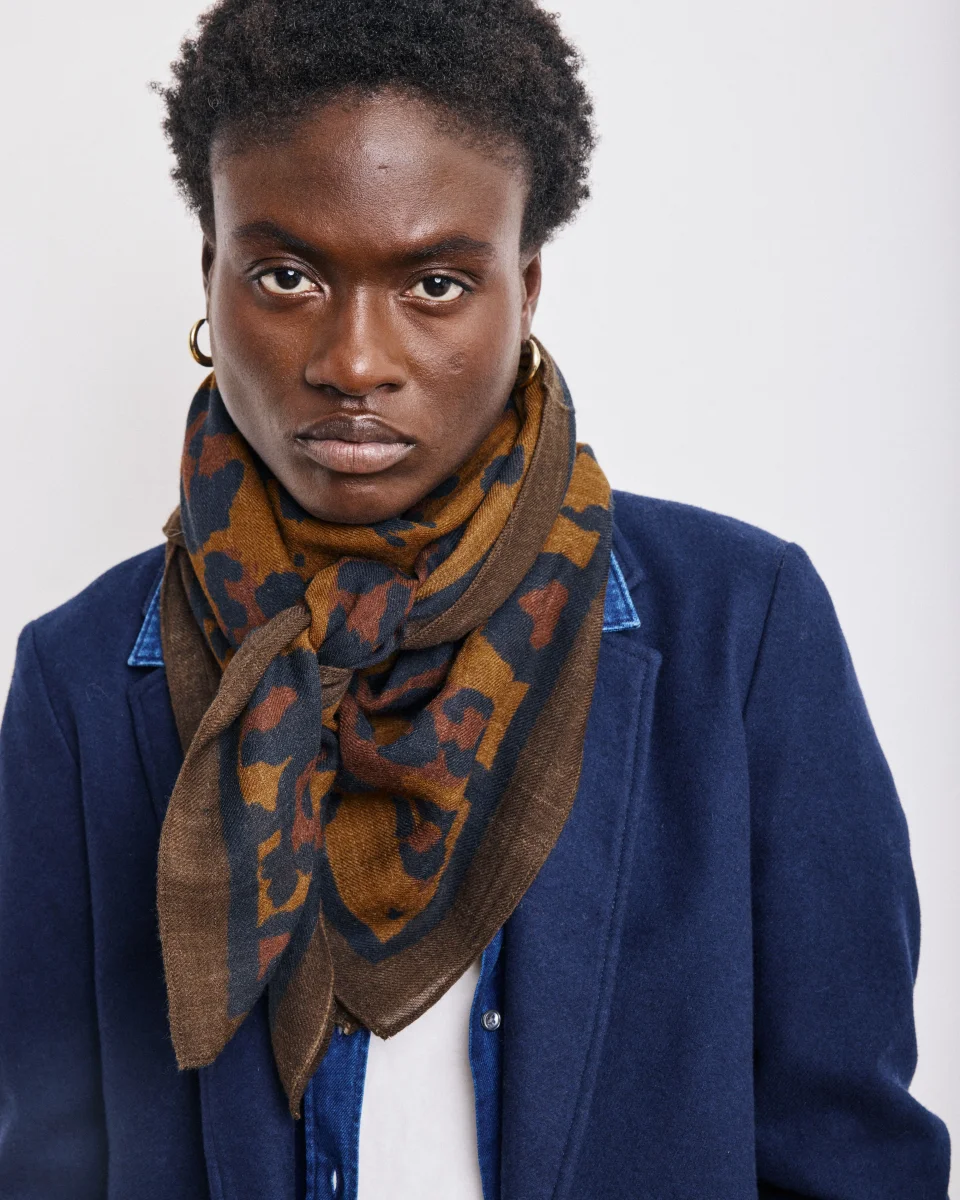 Echarpe Femme en Laine Imprimé Bronze Léopard