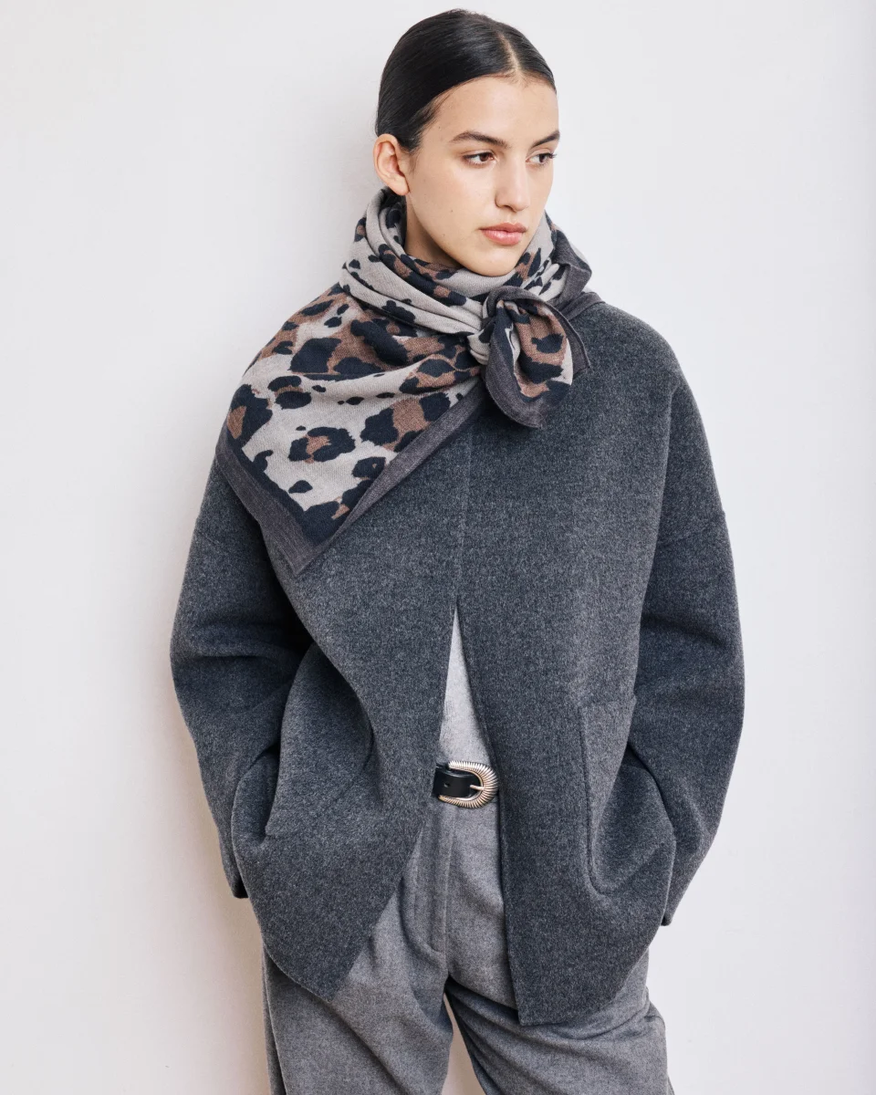 Echarpe Femme en Laine Imprimé Gris Léopard