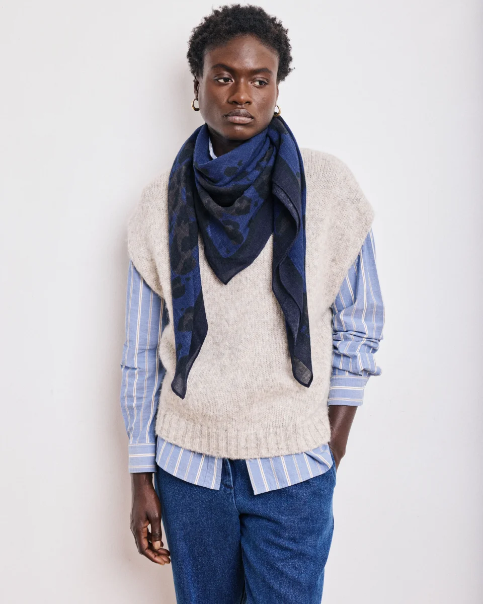 Echarpe Femme en Laine Imprimé Bleu Léopard