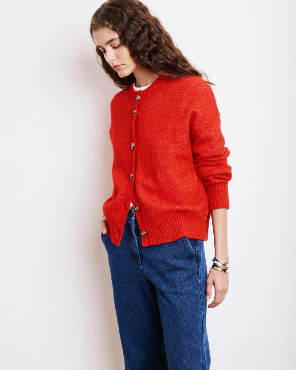 Cardigan Femme en Alpaga & Laine Mérinos Rouge Melis – Image 2