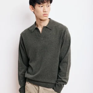 Pull Col Polo Homme en Laine & Cachemire Vert Militaire