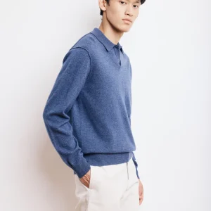 Pull Col Polo Homme en Laine & Cachemire Bleu Cobalt