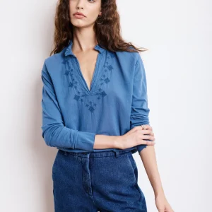 T-Shirt Femme en Coton Bi-Matière Bleu Denim Turgan